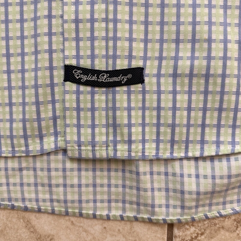 English Laundry Blue White Green Dress Shirt 16 1/2 34 - 35 Embroidered Logo LG - Picture 11 of 16
